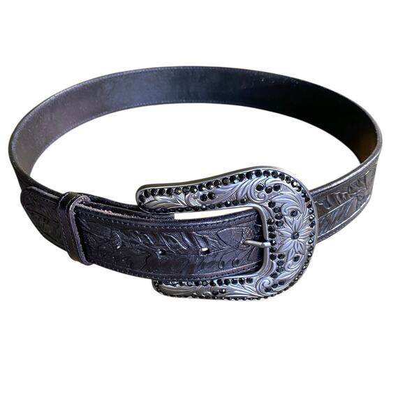 VTG Western Acorn Tooled Sz 32” Dark Brown Gun Metal Buckle Rhinestone Bling - Picture 6 of 12